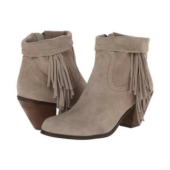 SAM EDELMAN LOUIE Boots Sz 9 Tan Suede Leather Fringe Ankle Booties Stacked Heel - Picture 11 of 11